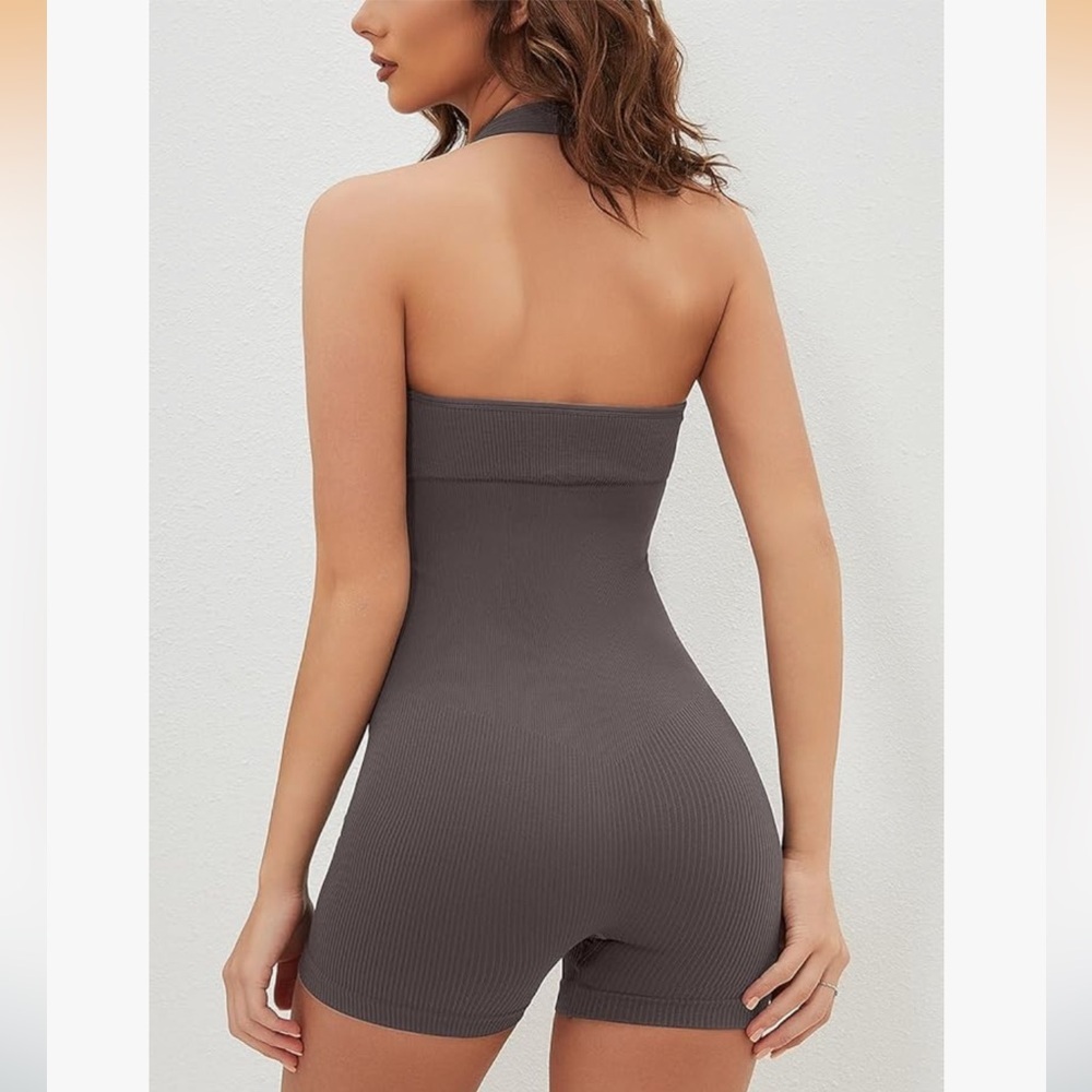 QINSEN Ribbed Seamless Halter Romper Size Small Backless Sculpting Jumpsuit - Picture 2 of 7